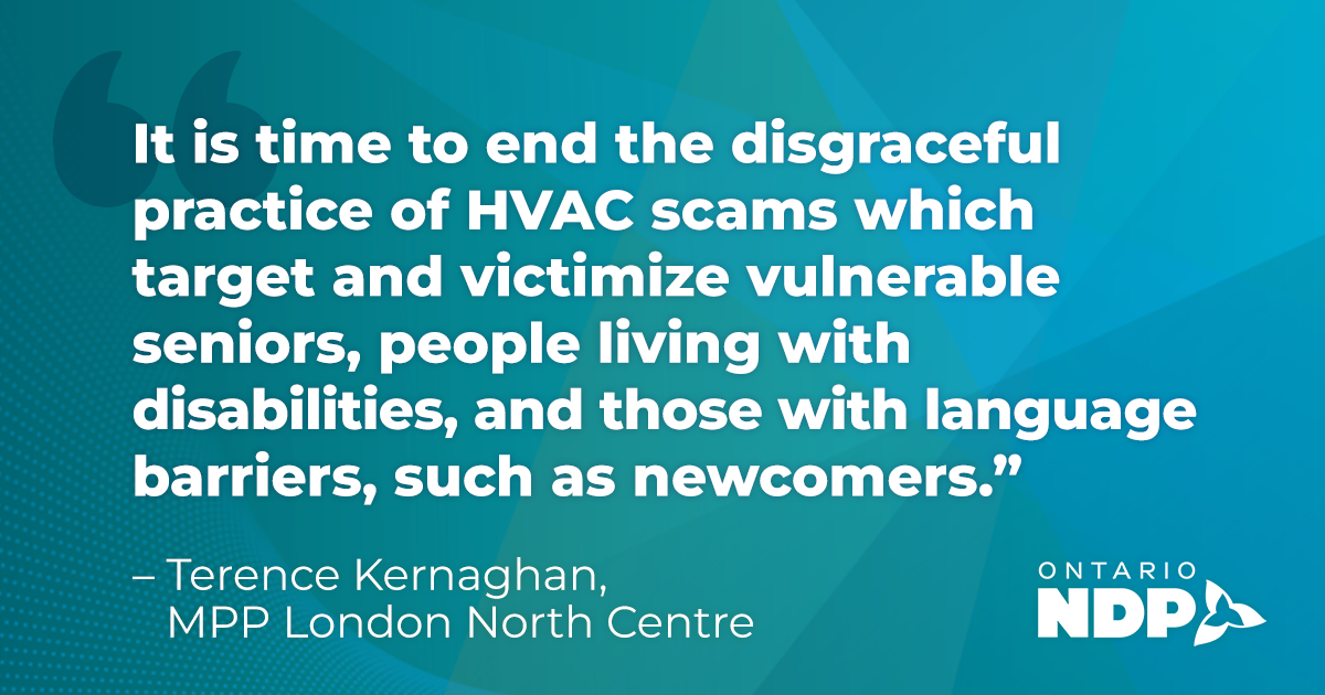 Ontario NDP tables legislation to protect consumers from HVAC scams